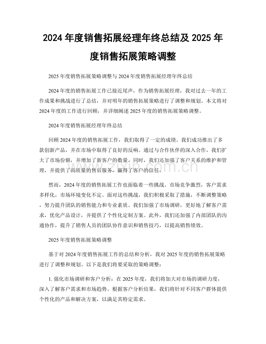 2024年度销售拓展经理年终总结及2025年度销售拓展策略调整.docx_第1页