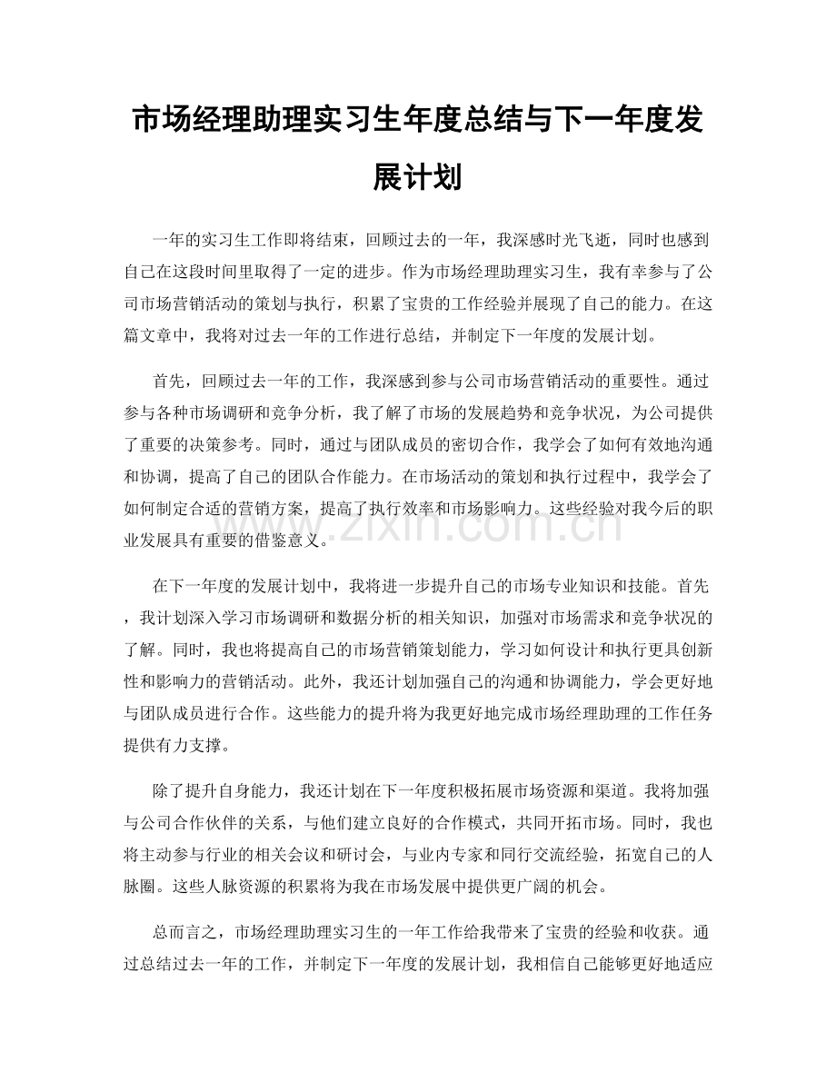 市场经理助理实习生年度总结与下一年度发展计划.docx_第1页