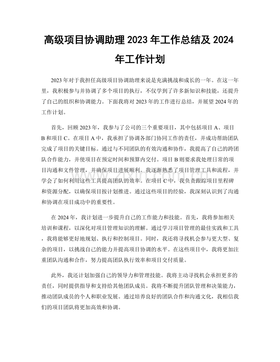 高级项目协调助理2023年工作总结及2024年工作计划.docx_第1页