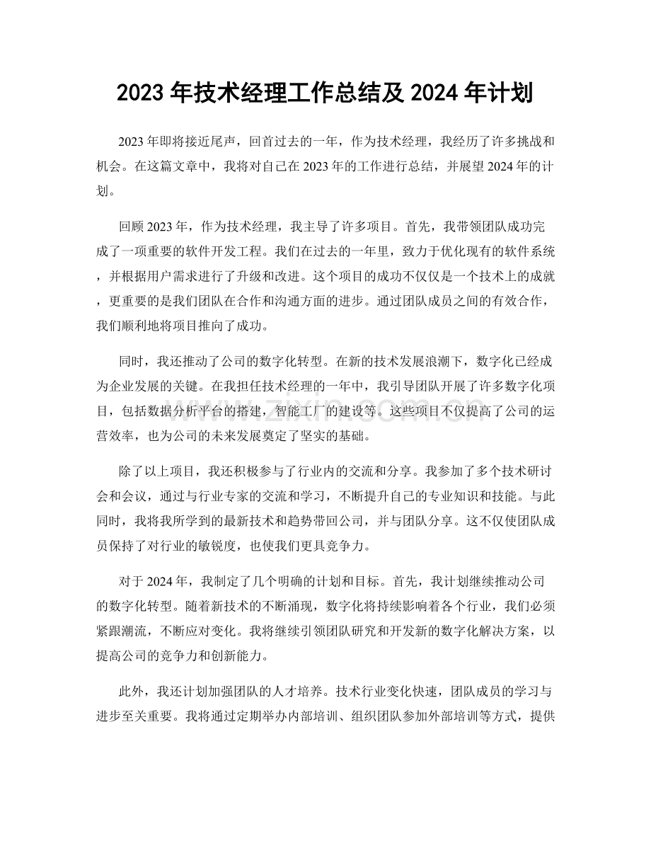 2023年技术经理工作总结及2024年计划.docx_第1页