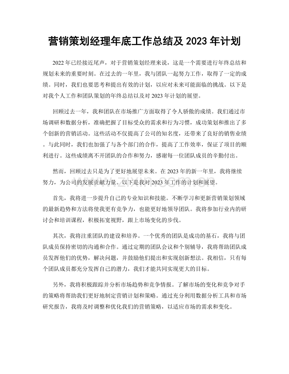 营销策划经理年底工作总结及2023年计划.docx_第1页