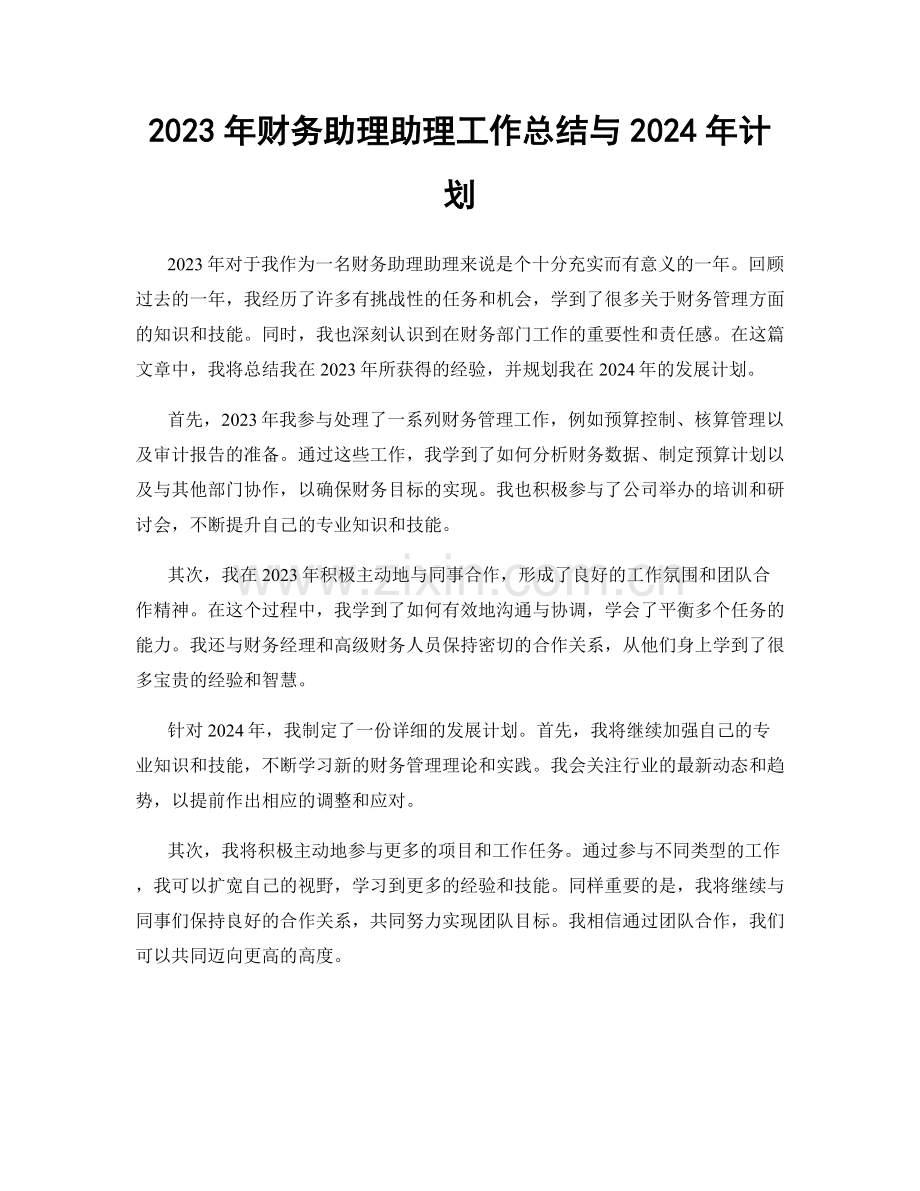 2023年财务助理助理工作总结与2024年计划.docx_第1页