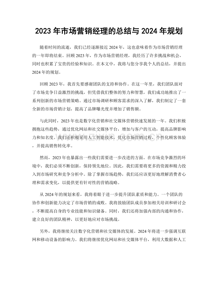 2023年市场营销经理的总结与2024年规划.docx_第1页