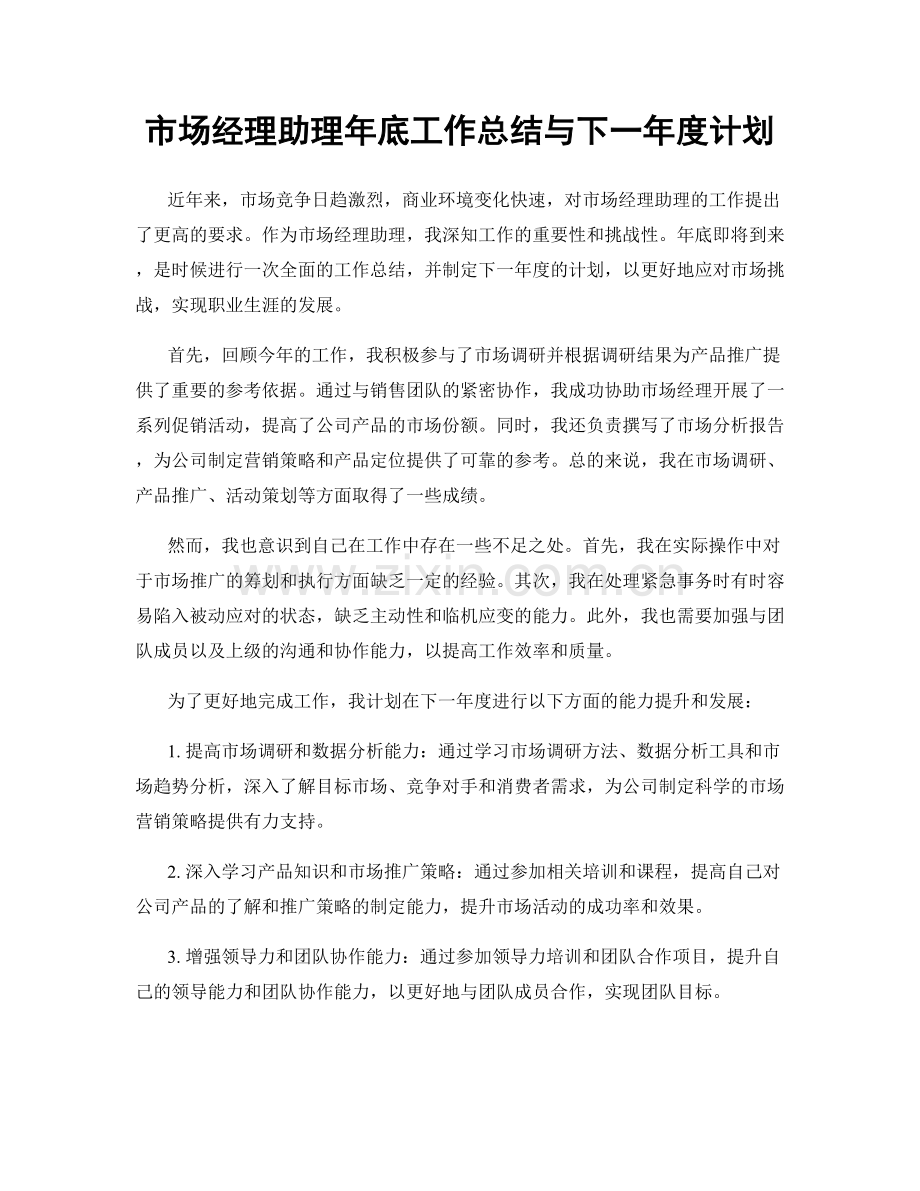 市场经理助理年底工作总结与下一年度计划.docx_第1页