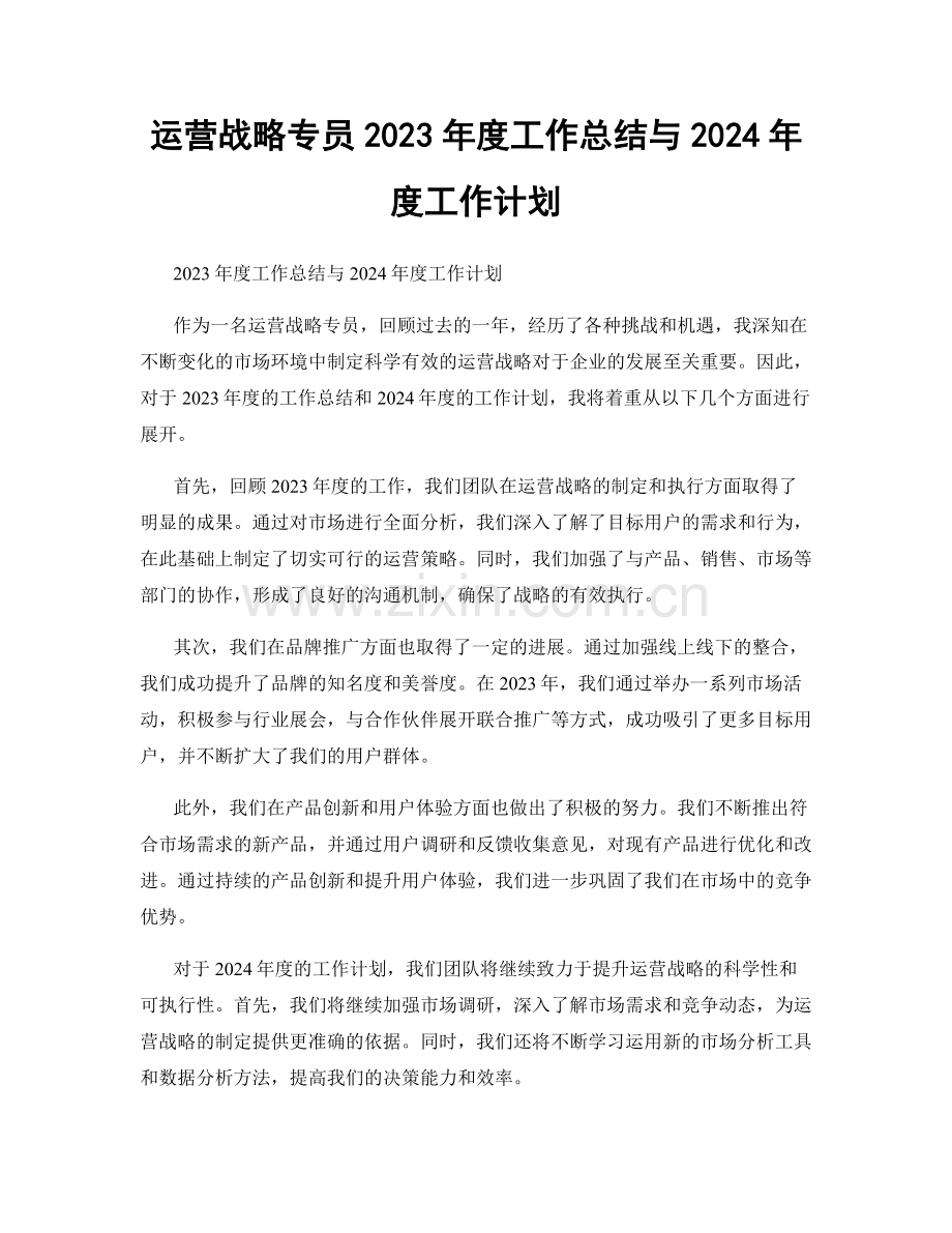 运营战略专员2023年度工作总结与2024年度工作计划.docx_第1页