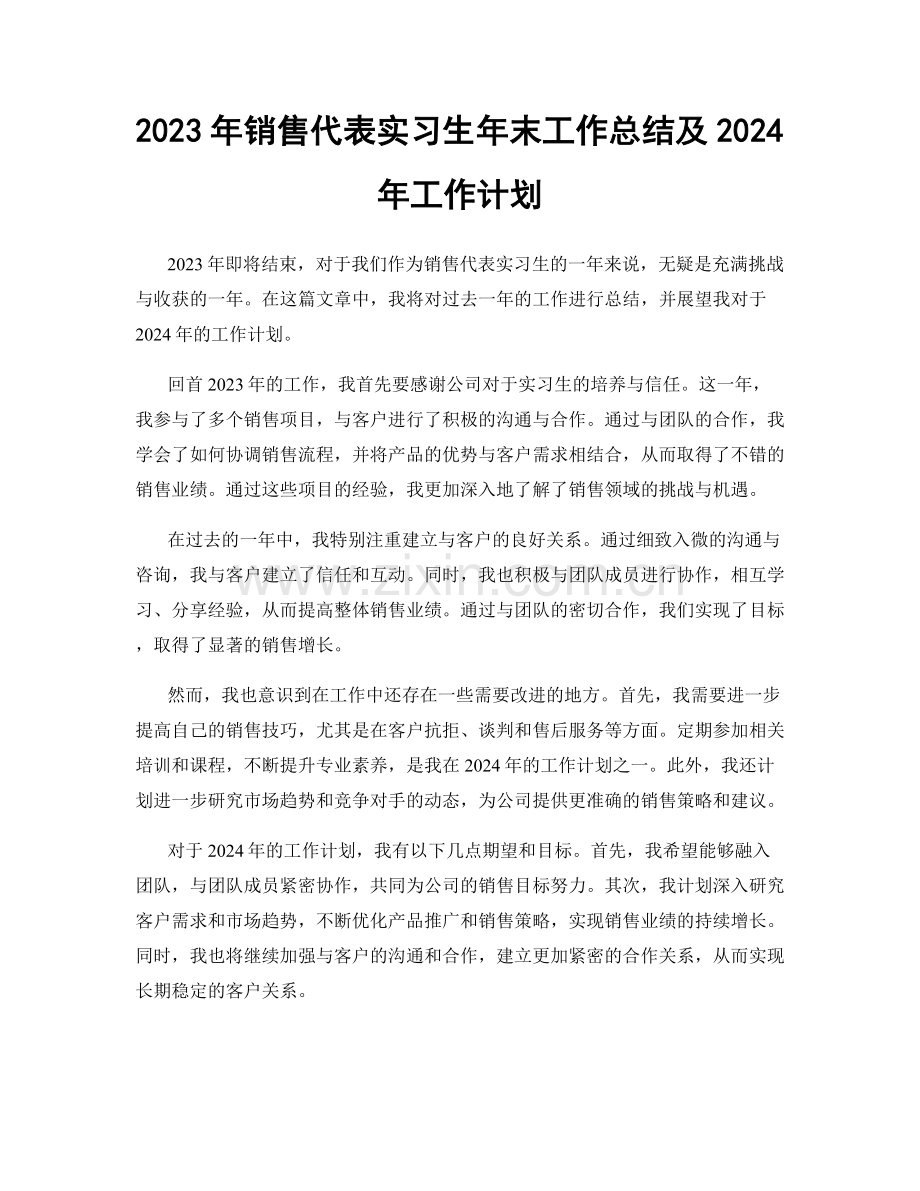 2023年销售代表实习生年末工作总结及2024年工作计划.docx_第1页