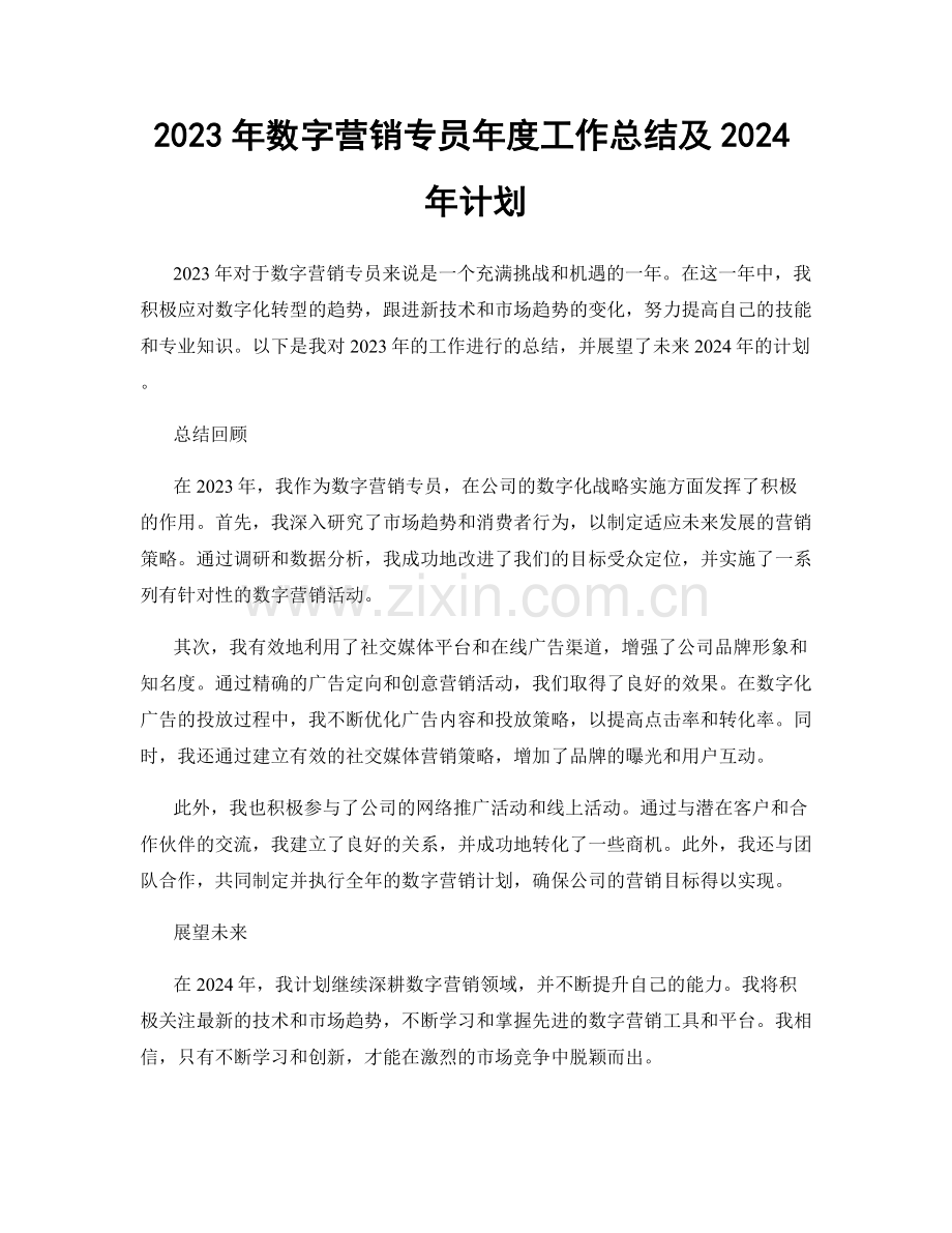 2023年数字营销专员年度工作总结及2024年计划.docx_第1页