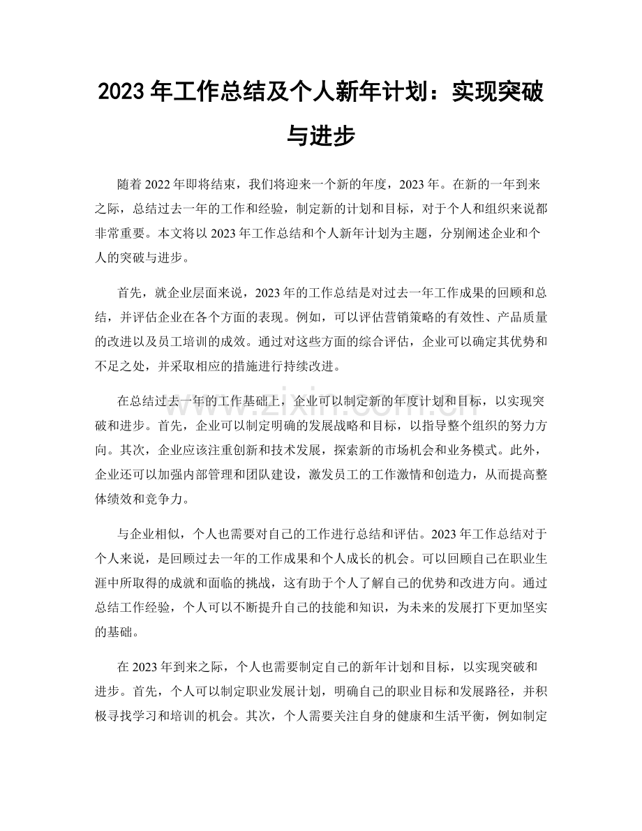 2023年工作总结及个人新年计划：实现突破与进步.docx_第1页