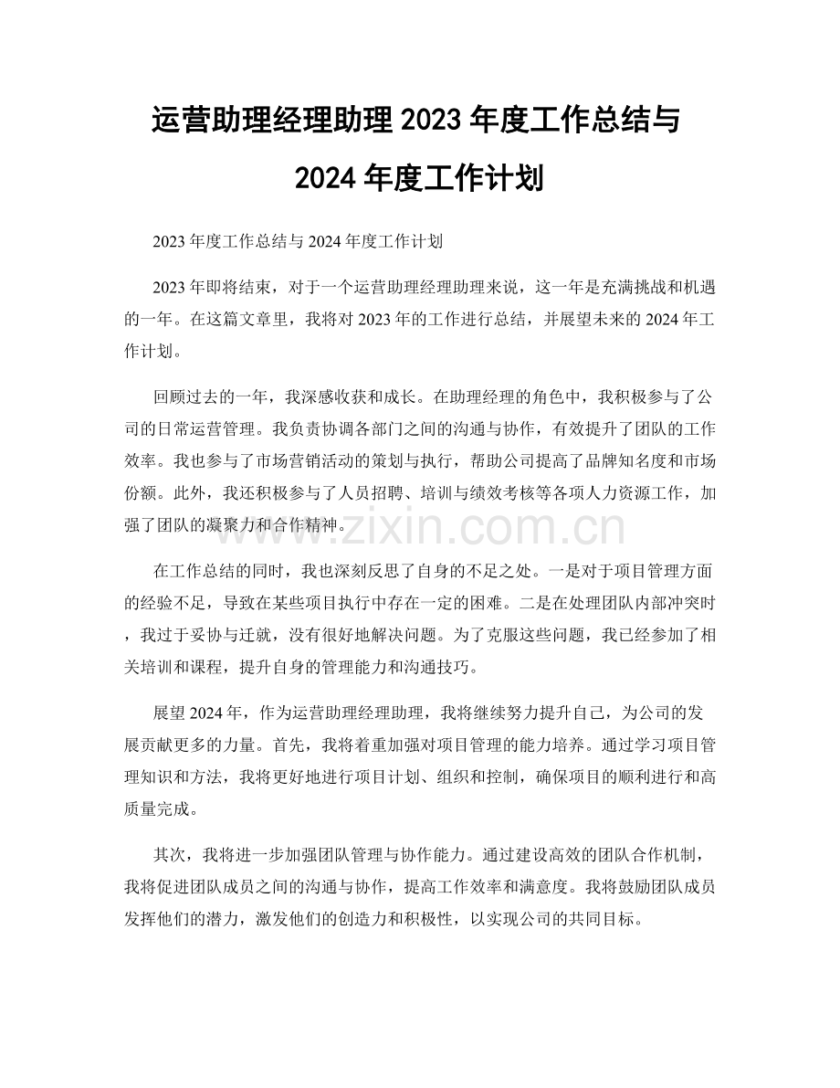 运营助理经理助理2023年度工作总结与2024年度工作计划.docx_第1页