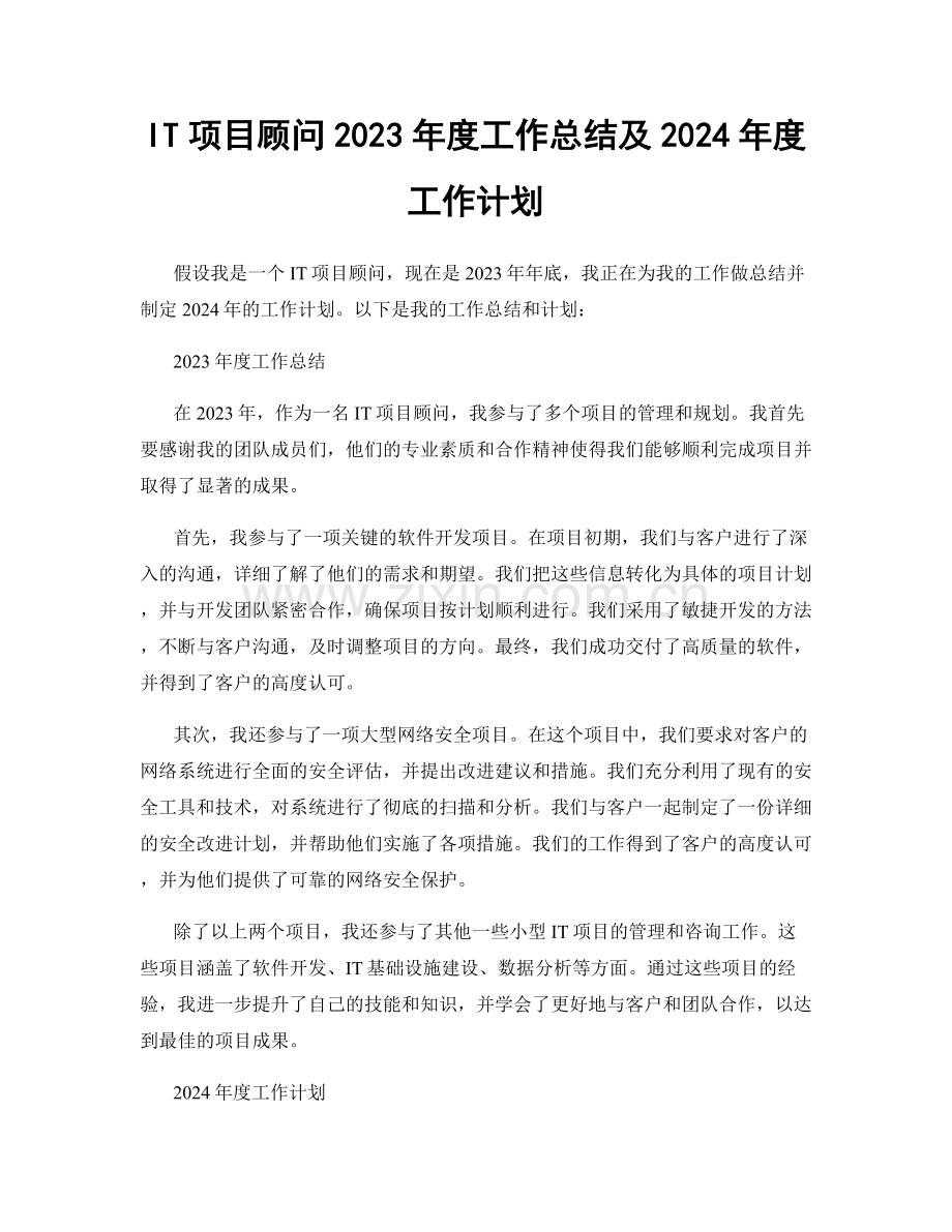 IT项目顾问2023年度工作总结及2024年度工作计划.docx_第1页