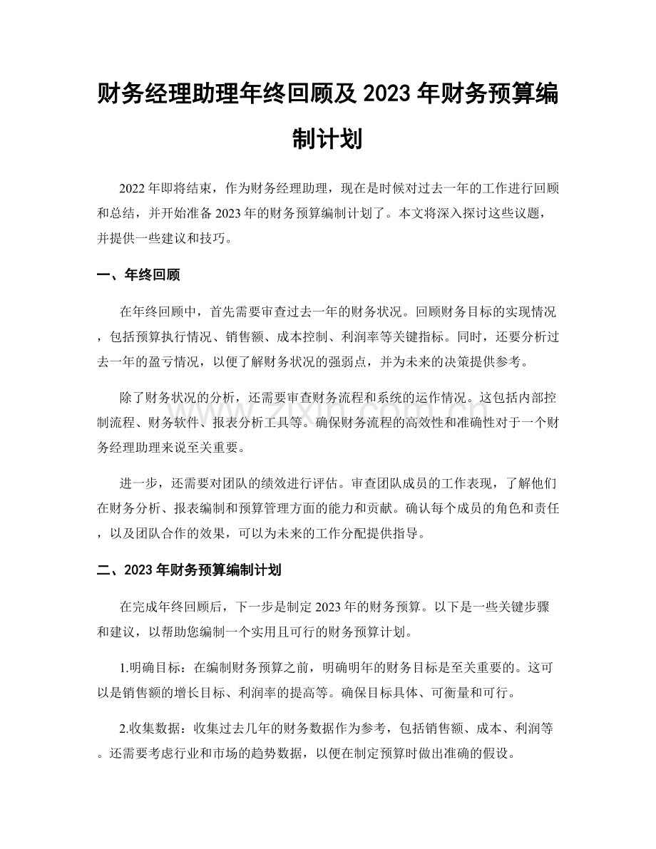 财务经理助理年终回顾及2023年财务预算编制计划.docx_第1页