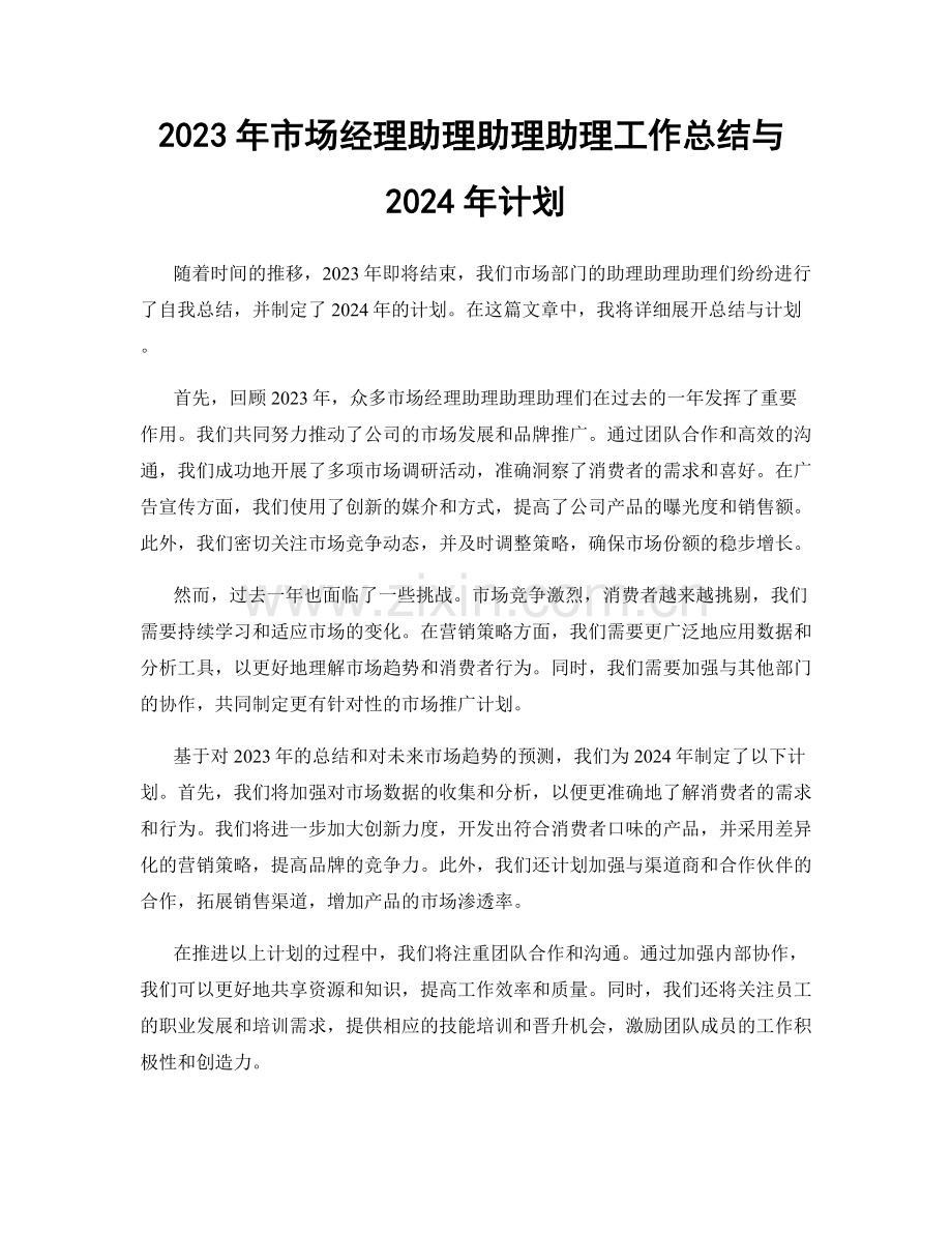 2023年市场经理助理助理助理工作总结与2024年计划.docx_第1页