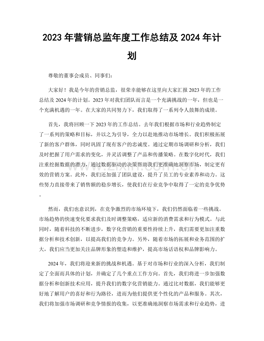 2023年营销总监年度工作总结及2024年计划.docx_第1页