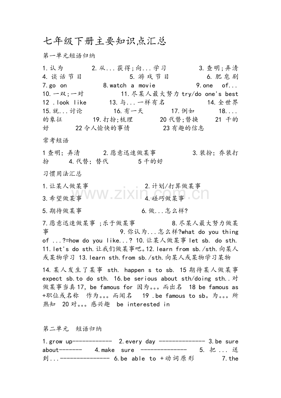 鲁教版七年级英语下册主要知识点汇总.doc_第1页