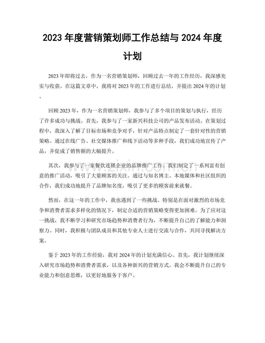 2023年度营销策划师工作总结与2024年度计划.docx_第1页