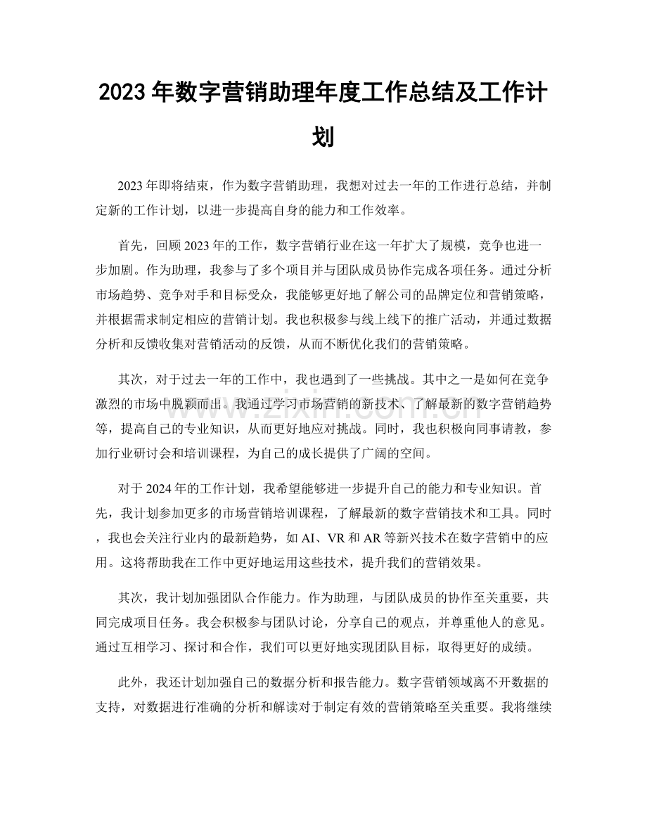 2023年数字营销助理年度工作总结及工作计划.docx_第1页