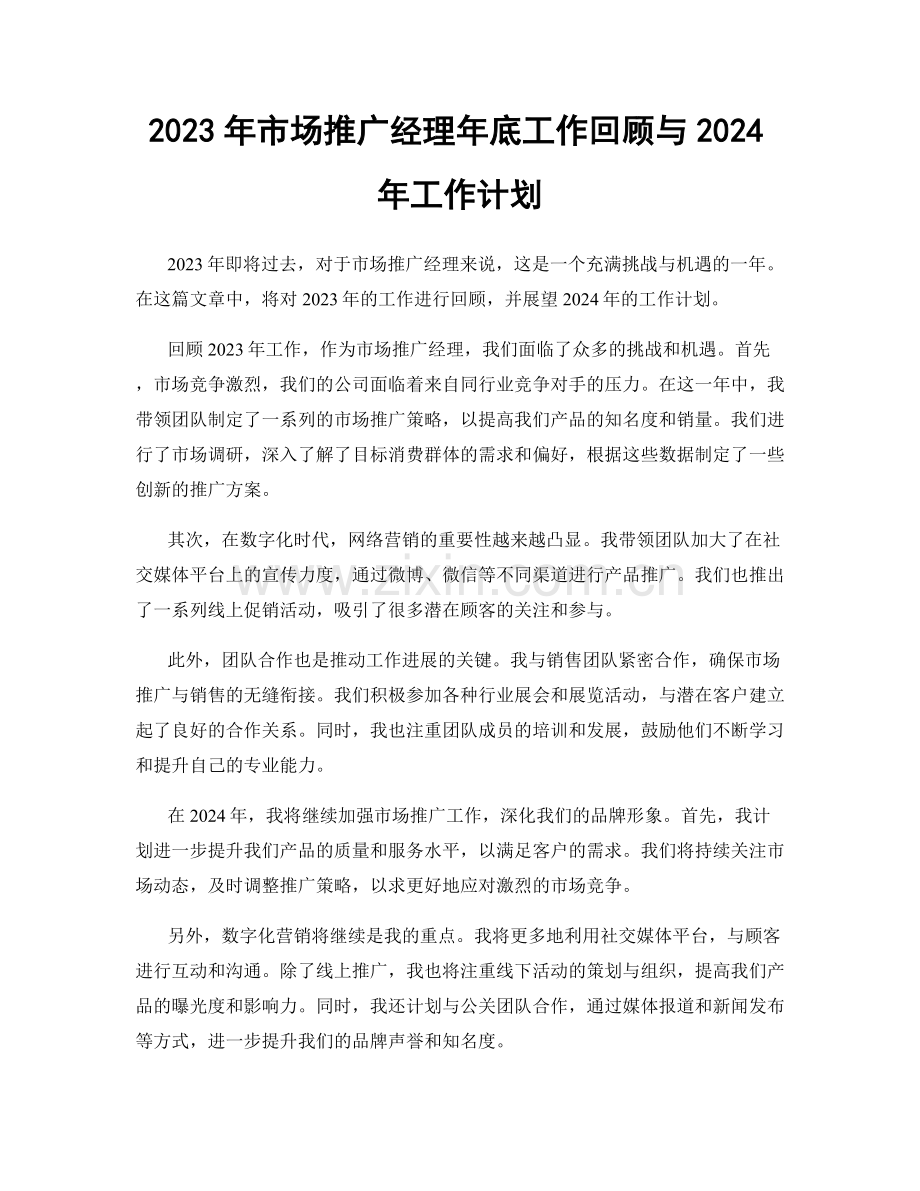 2023年市场推广经理年底工作回顾与2024年工作计划.docx_第1页