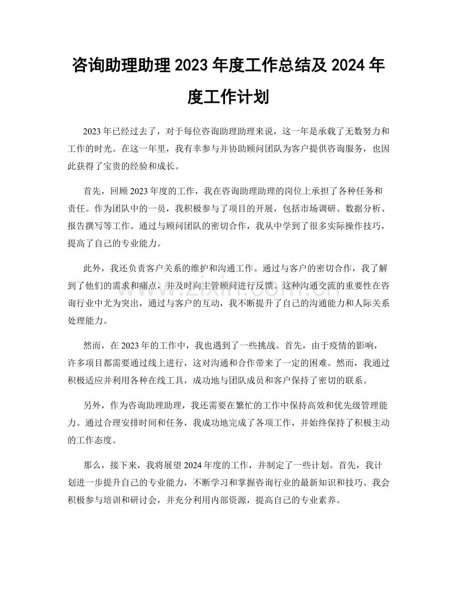 咨询助理助理2023年度工作总结及2024年度工作计划.docx_第1页