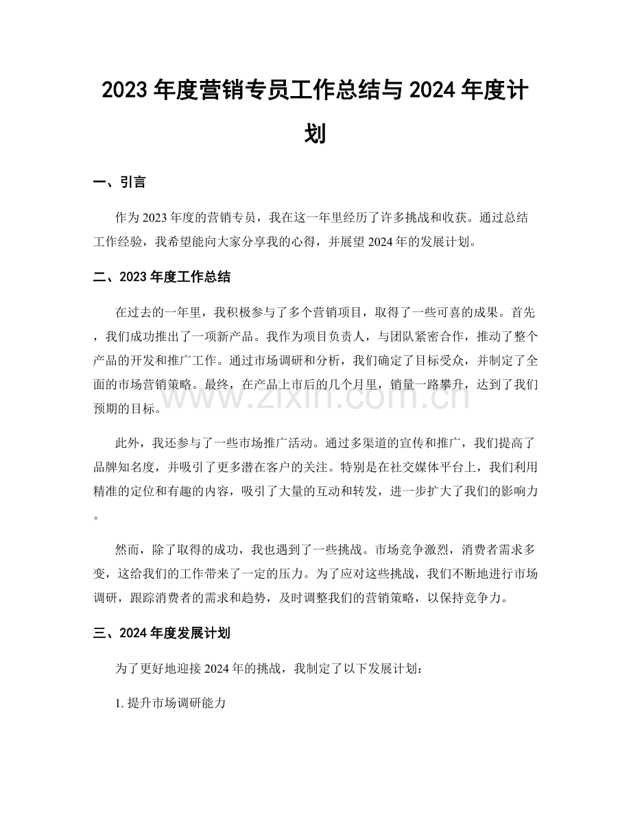 2023年度营销专员工作总结与2024年度计划.docx_第1页