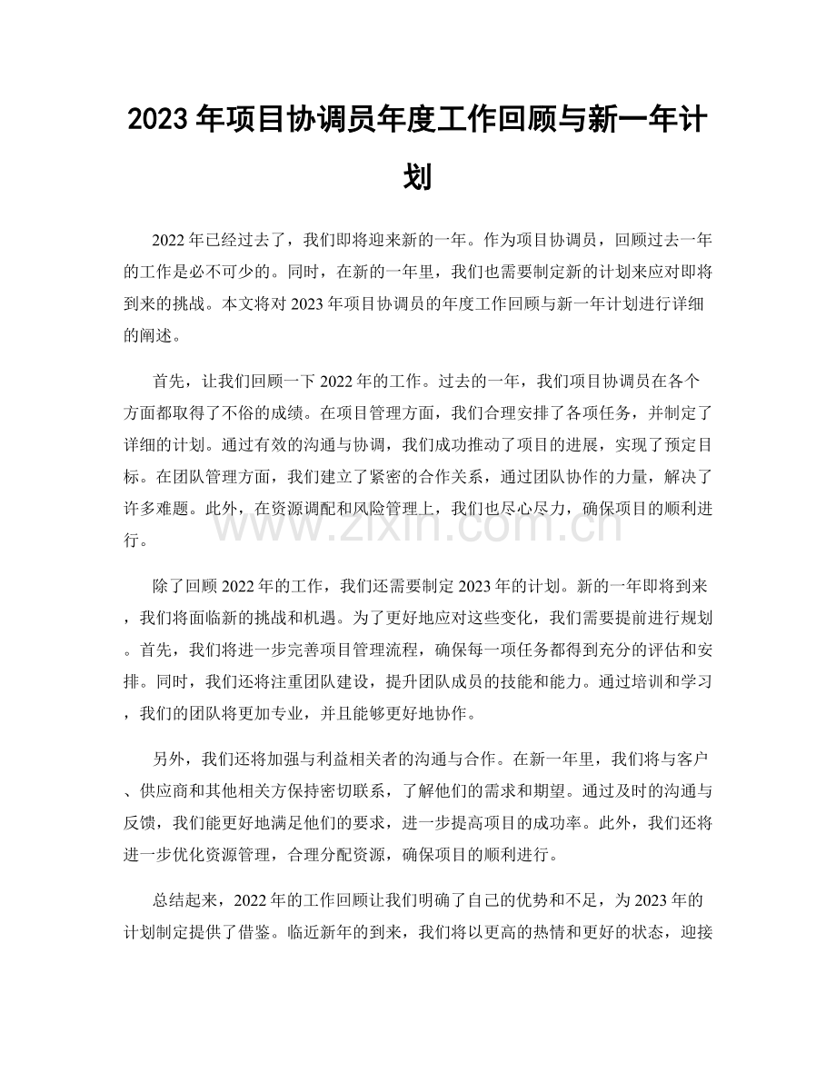 2023年项目协调员年度工作回顾与新一年计划.docx_第1页