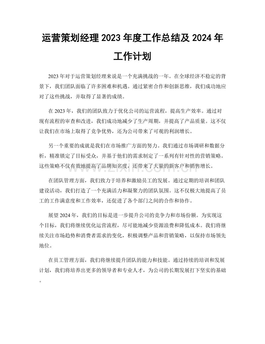 运营策划经理2023年度工作总结及2024年工作计划.docx_第1页