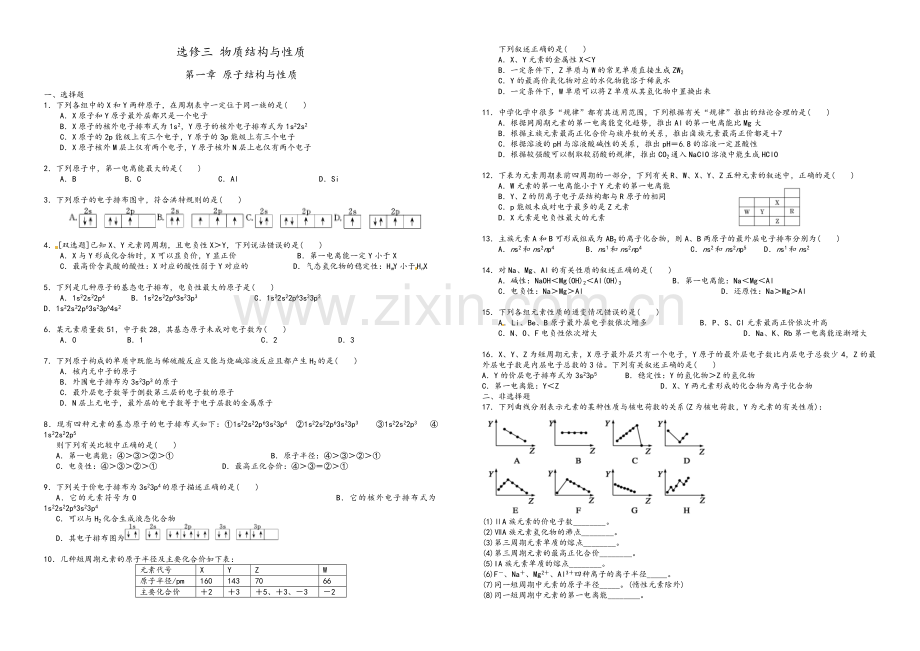 高中化学选修三物质的结构与基础第一章测试题.doc_第1页