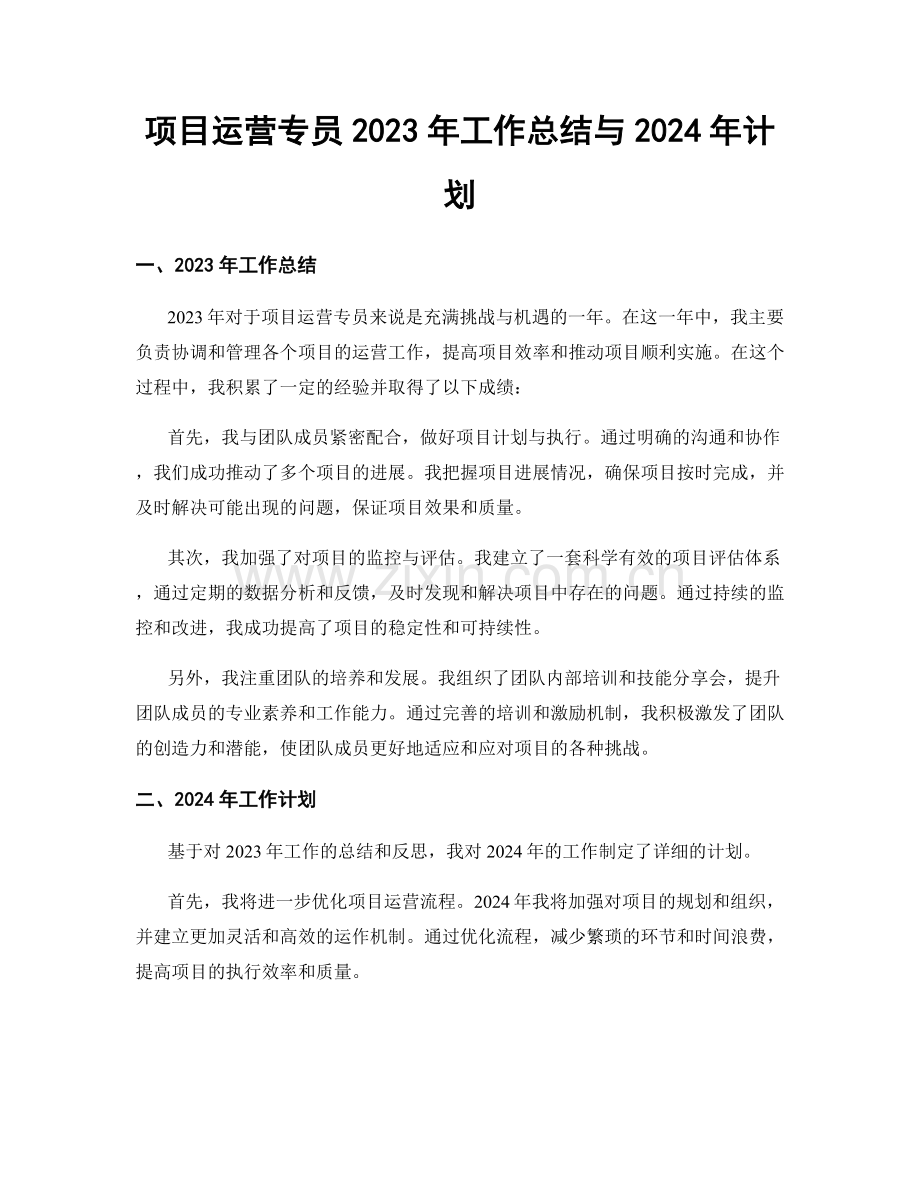 项目运营专员2023年工作总结与2024年计划.docx_第1页