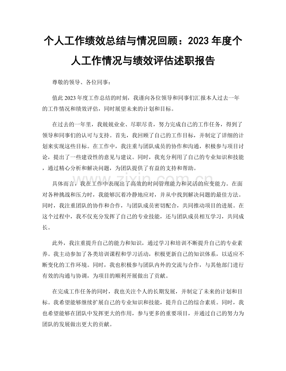 个人工作绩效总结与情况回顾：2023年度个人工作情况与绩效评估述职报告.docx_第1页