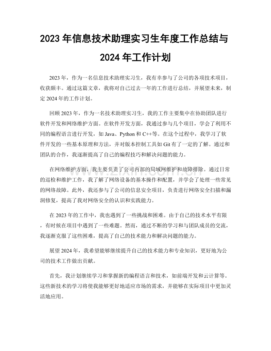 2023年信息技术助理实习生年度工作总结与2024年工作计划.docx_第1页