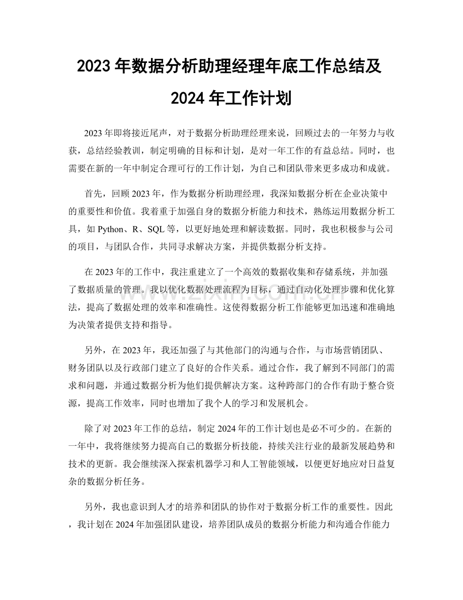 2023年数据分析助理经理年底工作总结及2024年工作计划.docx_第1页