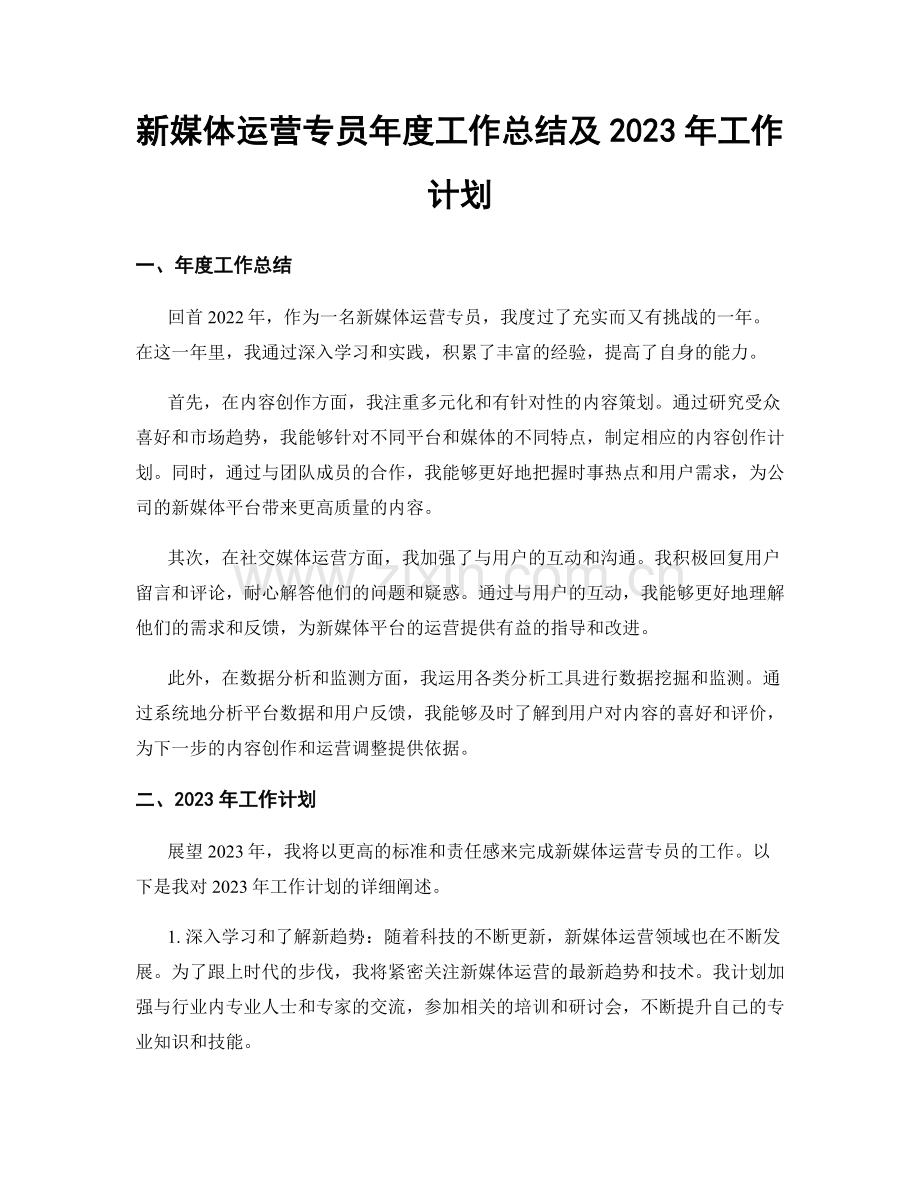 新媒体运营专员年度工作总结及2023年工作计划.docx_第1页