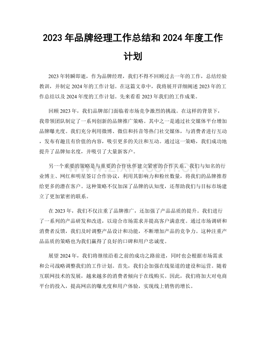 2023年品牌经理工作总结和2024年度工作计划.docx_第1页