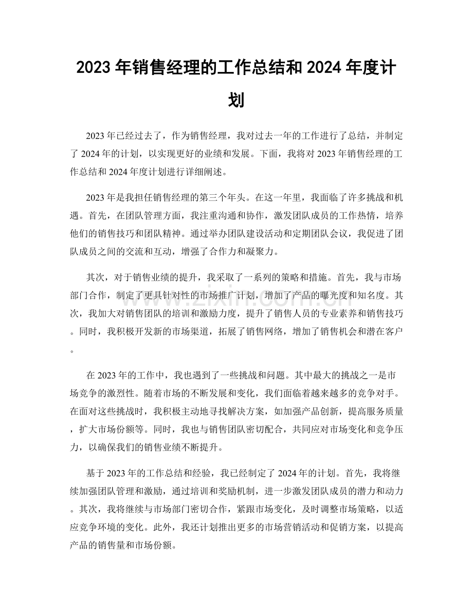 2023年销售经理的工作总结和2024年度计划.docx_第1页