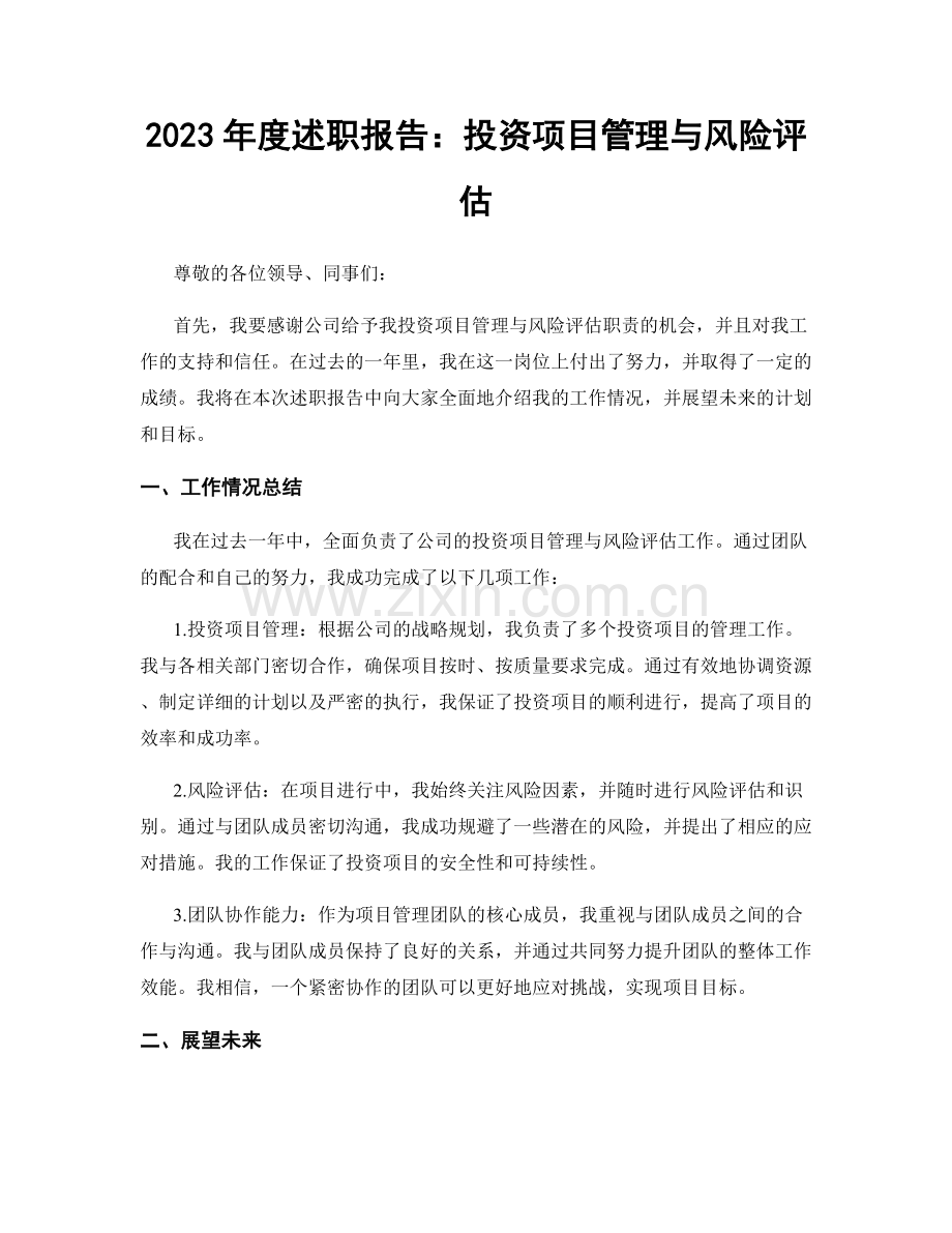 2023年度述职报告：投资项目管理与风险评估.docx_第1页