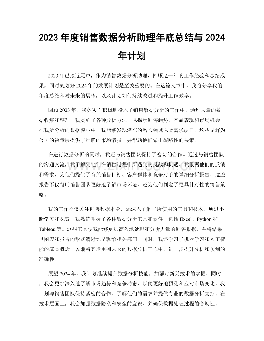 2023年度销售数据分析助理年底总结与2024年计划.docx_第1页