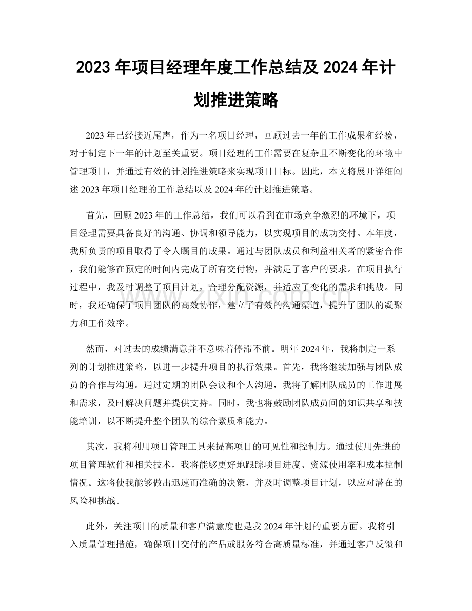 2023年项目经理年度工作总结及2024年计划推进策略.docx_第1页