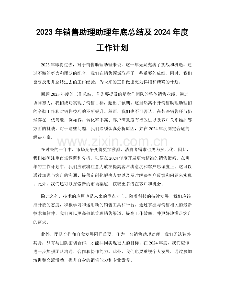 2023年销售助理助理年底总结及2024年度工作计划.docx_第1页