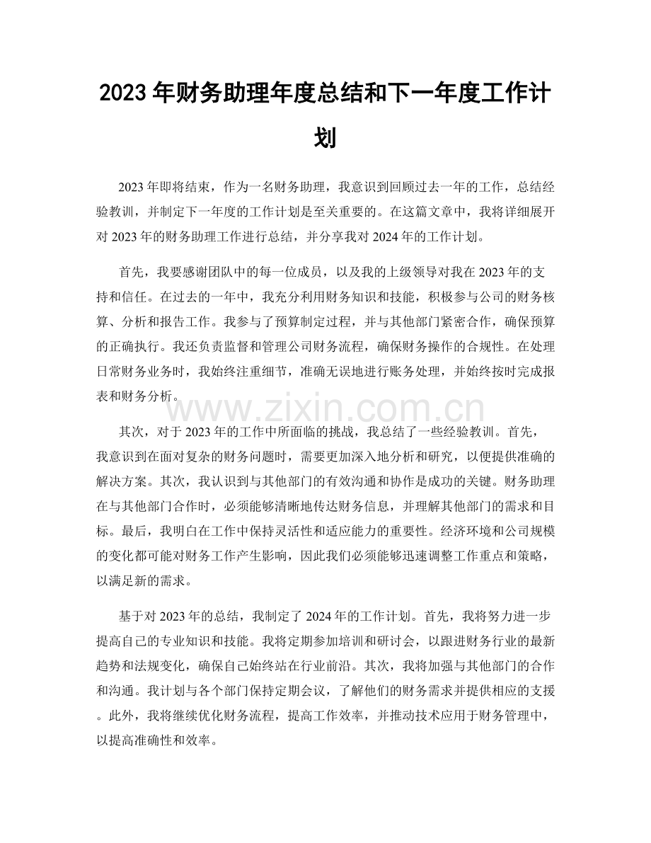 2023年财务助理年度总结和下一年度工作计划.docx_第1页