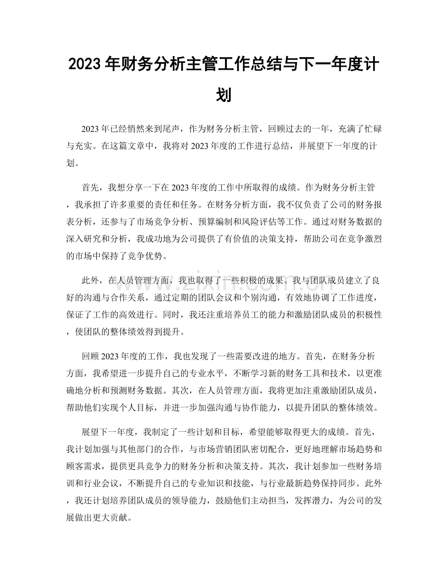 2023年财务分析主管工作总结与下一年度计划.docx_第1页