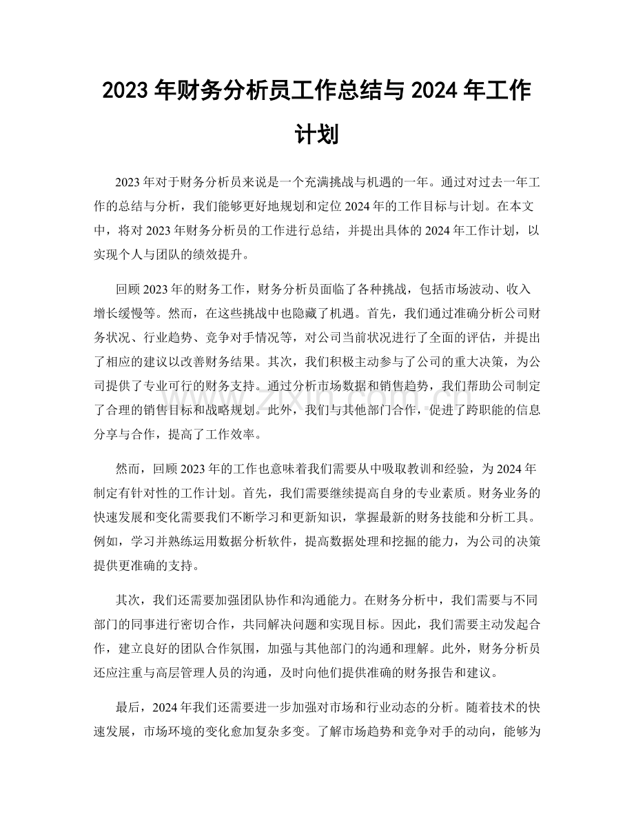 2023年财务分析员工作总结与2024年工作计划.docx_第1页