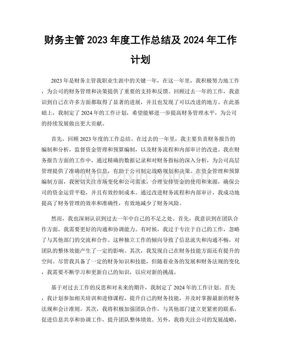 财务主管2023年度工作总结及2024年工作计划.docx_第1页