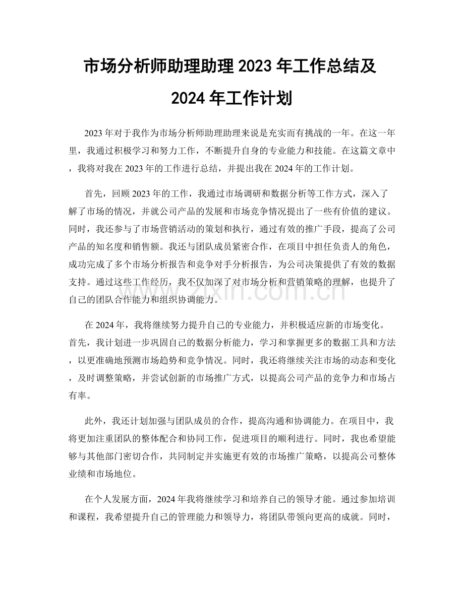 市场分析师助理助理2023年工作总结及2024年工作计划.docx_第1页