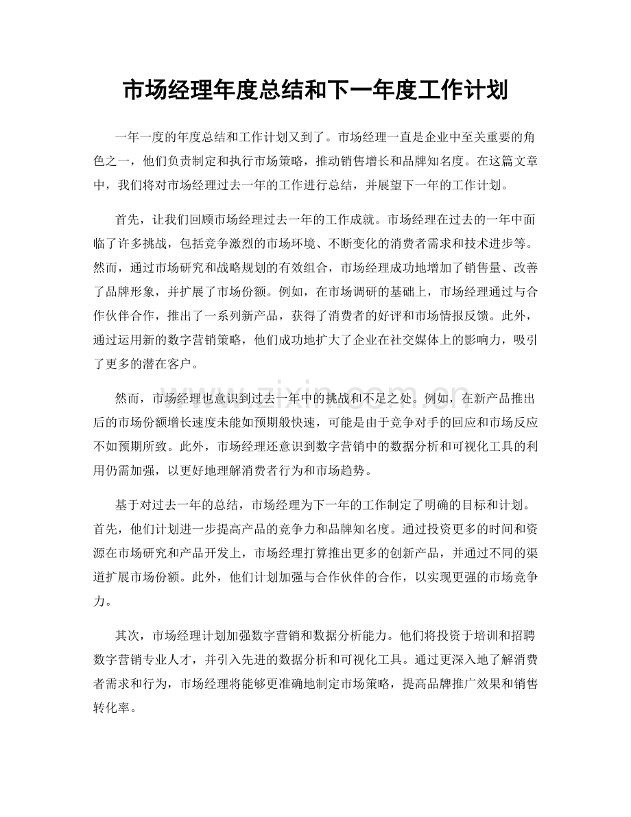 市场经理年度总结和下一年度工作计划.docx_第1页