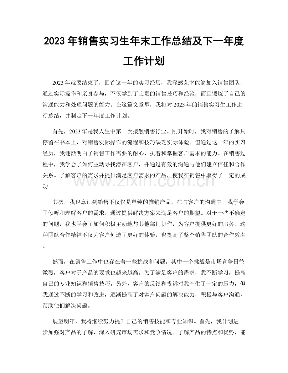 2023年销售实习生年末工作总结及下一年度工作计划.docx_第1页