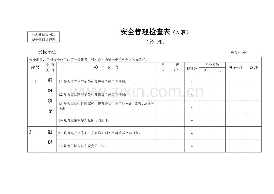 电力建设安全施工管理工作检查表.docx_第1页