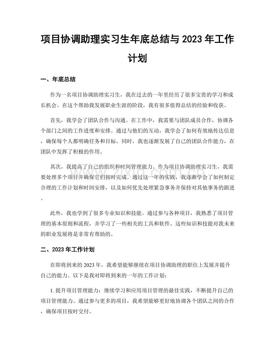 项目协调助理实习生年底总结与2023年工作计划.docx_第1页