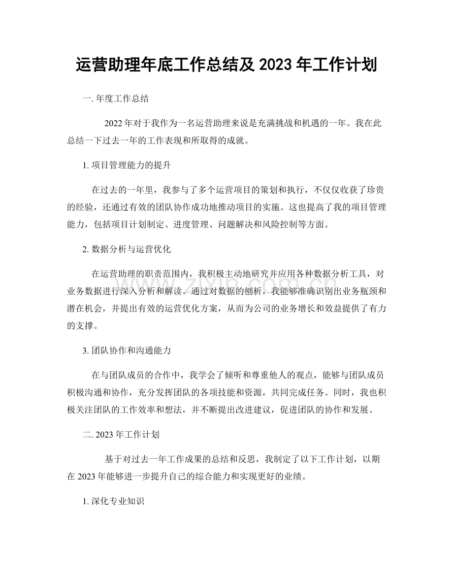 运营助理年底工作总结及2023年工作计划.docx_第1页