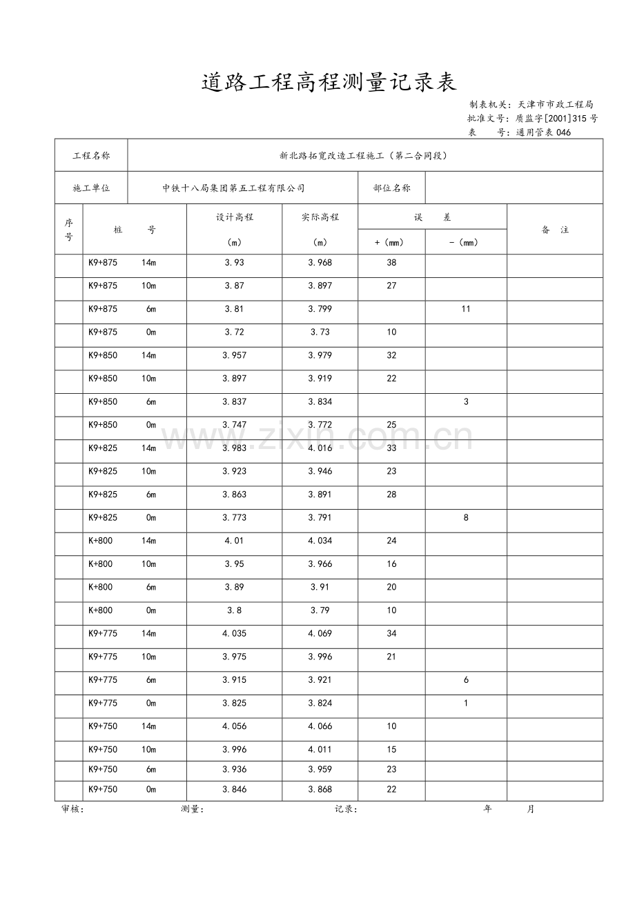 道路工程高程测量记录表.doc_第1页