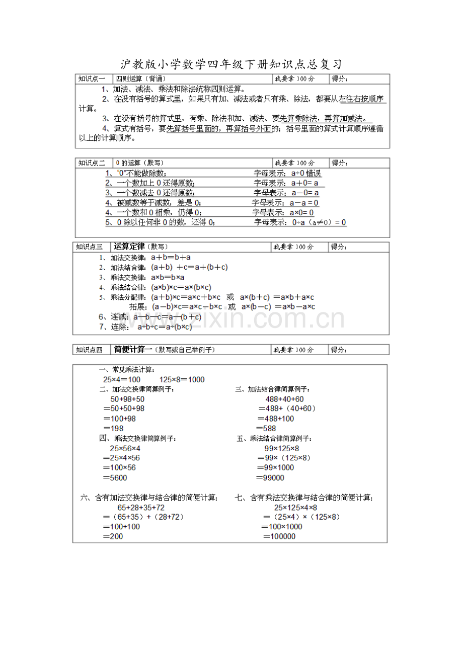 沪教版小学数学四年级下册知识点总复习.doc_第1页