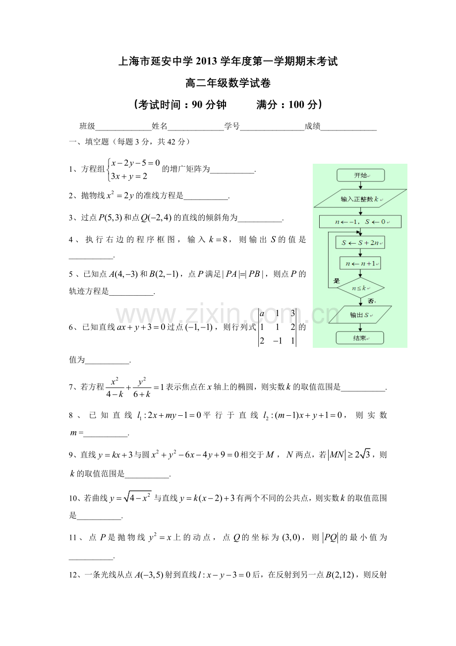 上海市延安中学度高二第一学期期末考试数学试题.doc_第1页